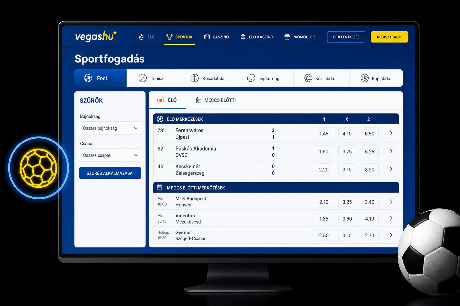 Foci szakasz kiválasztása a sportfogadási felületen