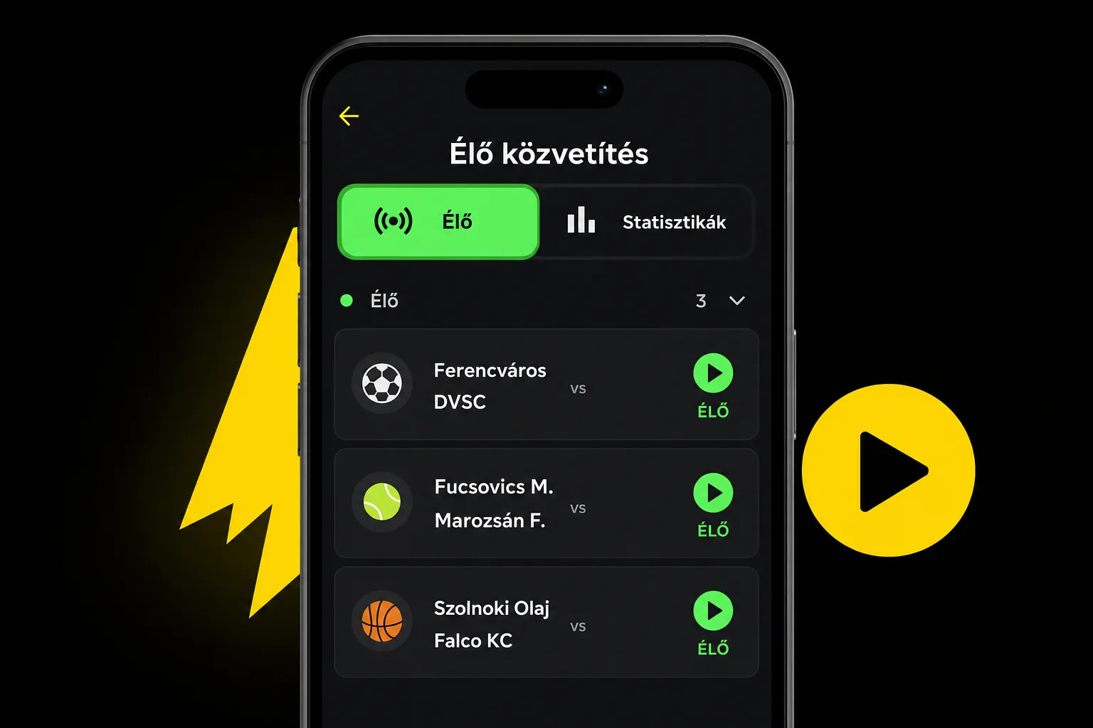 Élő közvetítés szűrő és statisztika a mobilfelületen