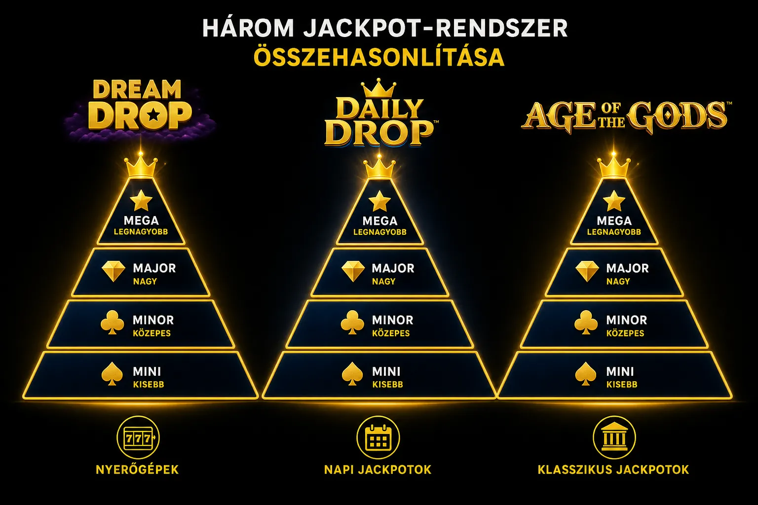 Jackpot-rendszerek szintjeinek összehasonlító illusztrációja