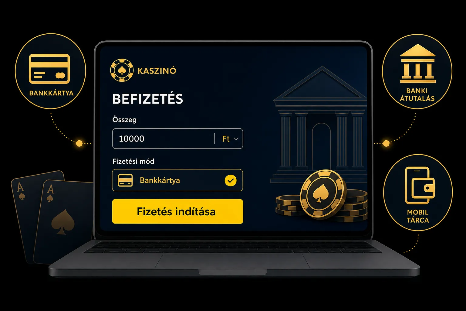 Online kaszinó befizetési felület illusztrációja bankkártyás fizetéssel